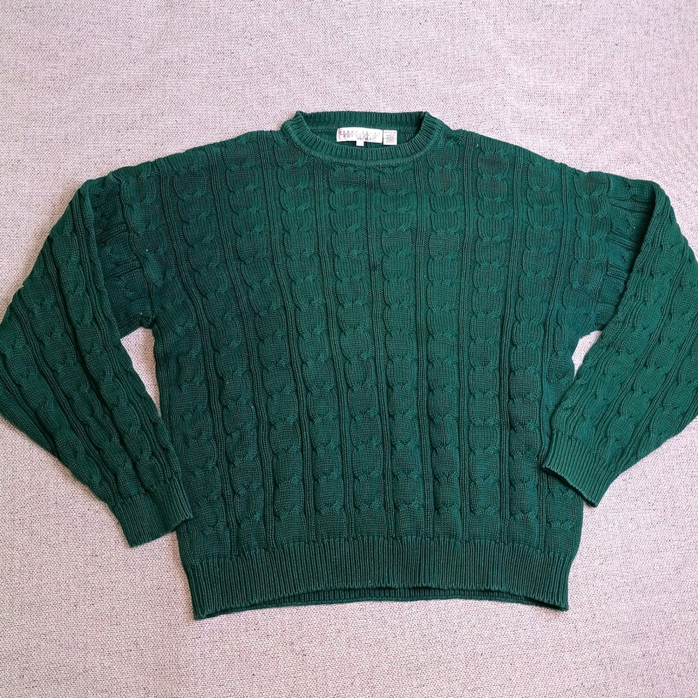 Perry Ellis Sweater Mens XL Green Excellent Cable Knit Cotton Crewneck Pullover